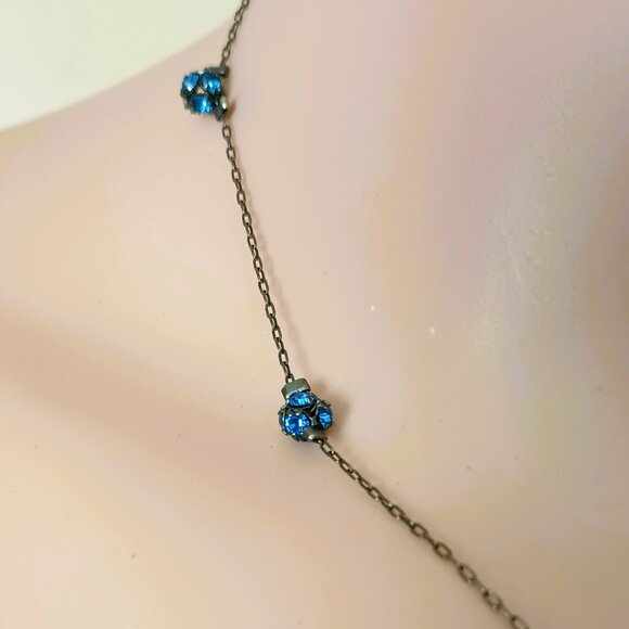 1928 Blue Cluster Bead Station Necklace 16" Dainty Choker Vintage Look - Picture 4 of 8